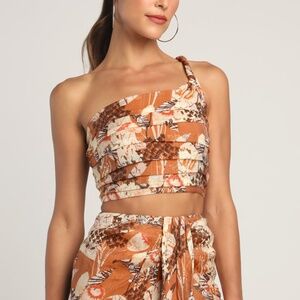 Lulus Something Wild Brown Multi Print Pleated One-shoulder Crop Top - Size M